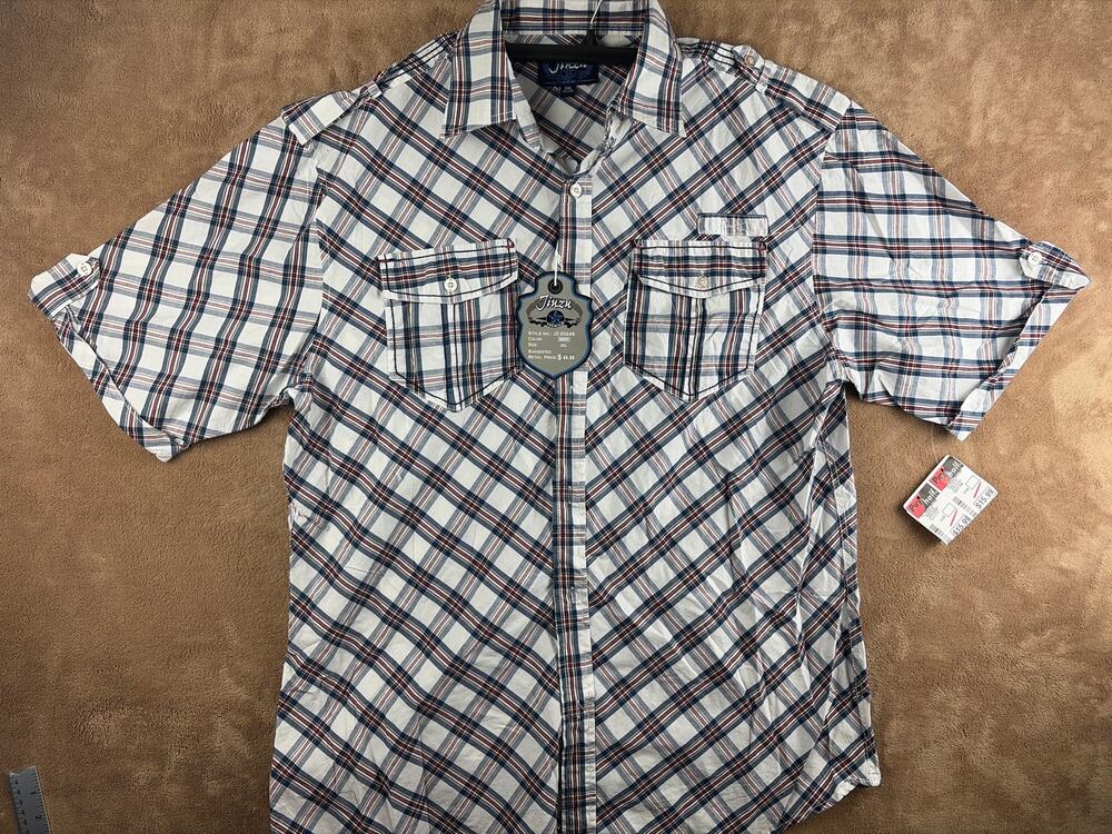 Jinzu Mens 2XL Plaid Short Sleeve Button Up Shirt Western White Blue Red New